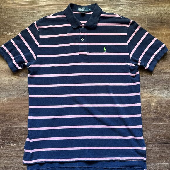 POLORalphLaurenNavyandPinkStripedpoloshirtLARGE